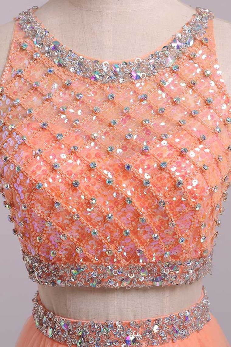 2022 Two Pieces Bateau Beaded Bodice A Line/Princess Prom Dress Pick Up Tulle Skirt Floor Length