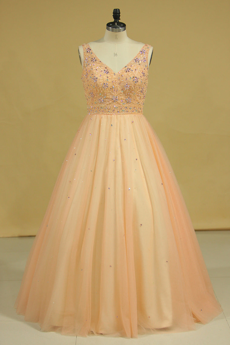 2022 V Neck Beaded Bodice Floor Length Ball Gown Tulle Prom Dresses
