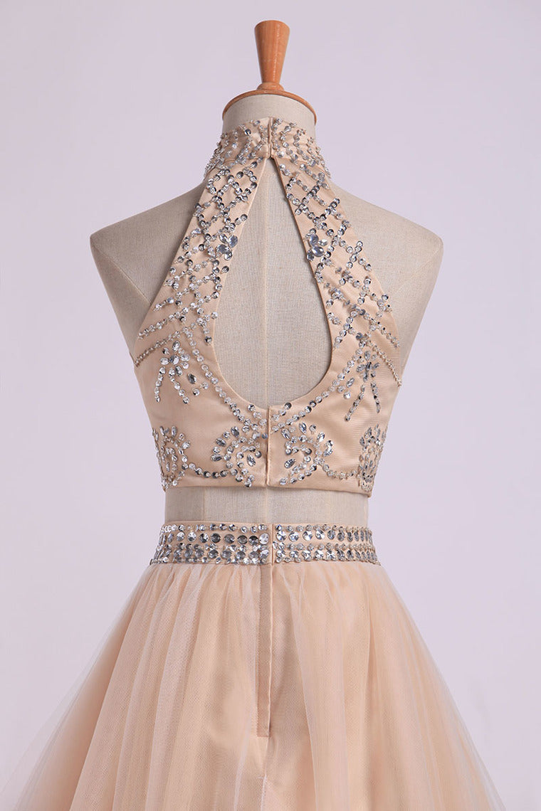 2022 Two-Piece High Neck Prom Dresses A Line Tulle With Beading