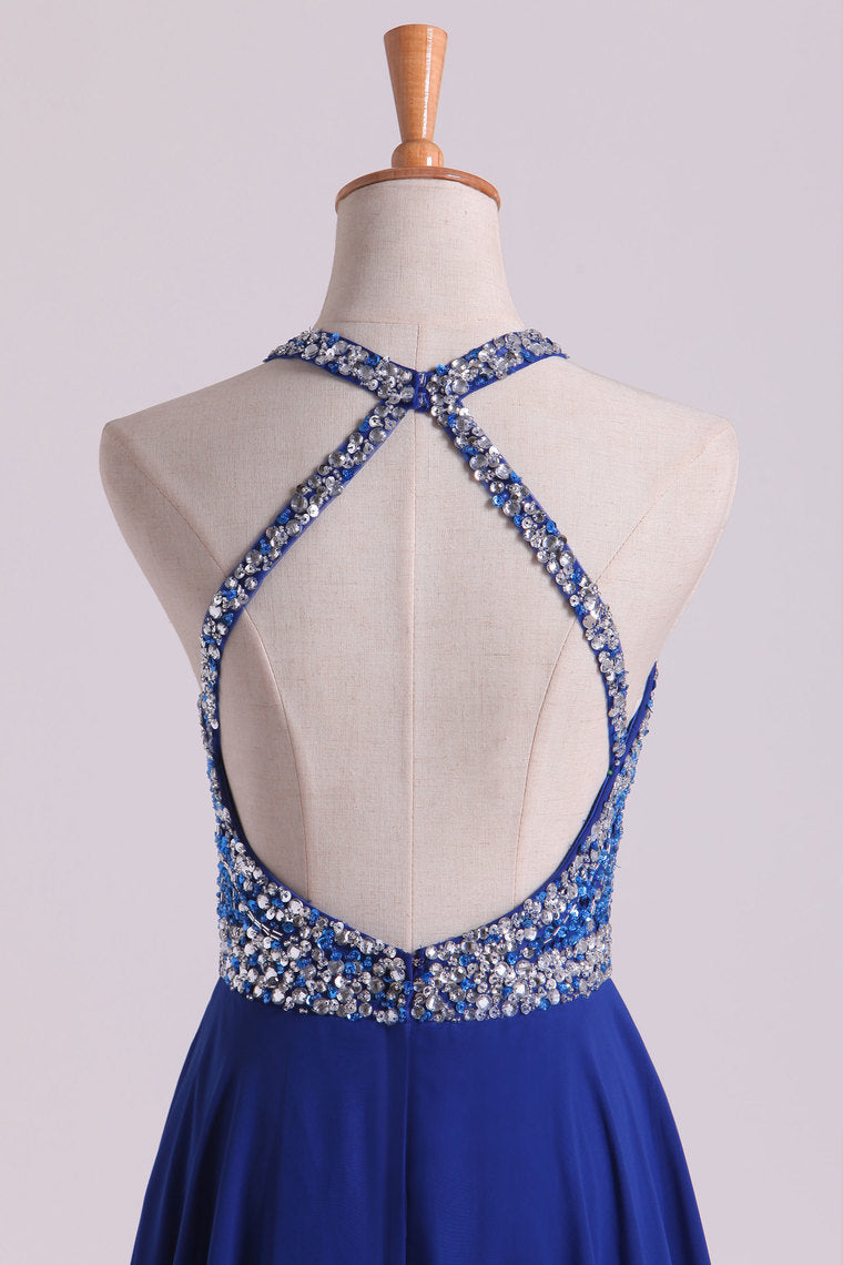 2022 A Line Prom Dresses Halter Beaded Bodice Open Back Sweep Train Chiffon & Tulle Dark Royal Blue