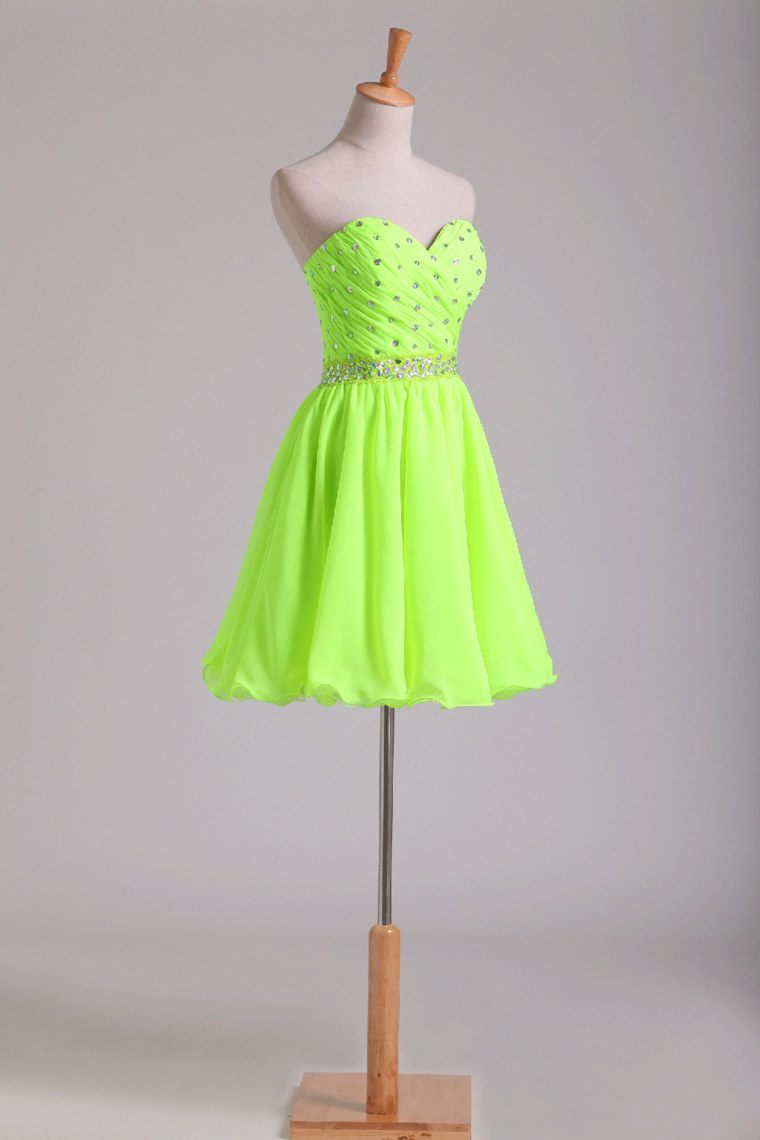 2022 Sweetheart Pleated Bodice Beaded Waistline Homecoming Dress Short Chiffon