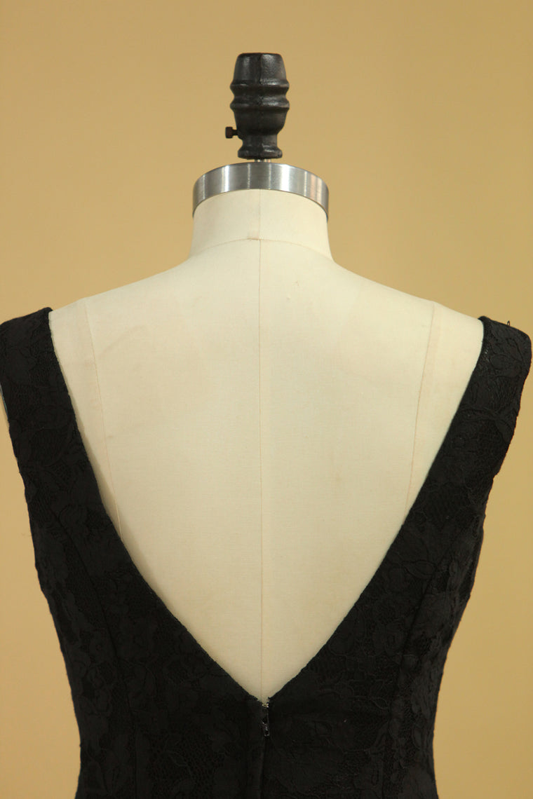 2022 Black Lace Evening Dresses V Neck Open Back Sweep Train Sheath Size 8