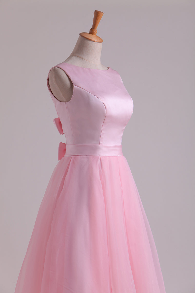 2022 Bateau Neckline A-Line Organza & Satin Wedding Dresses With Handmade Bowknot