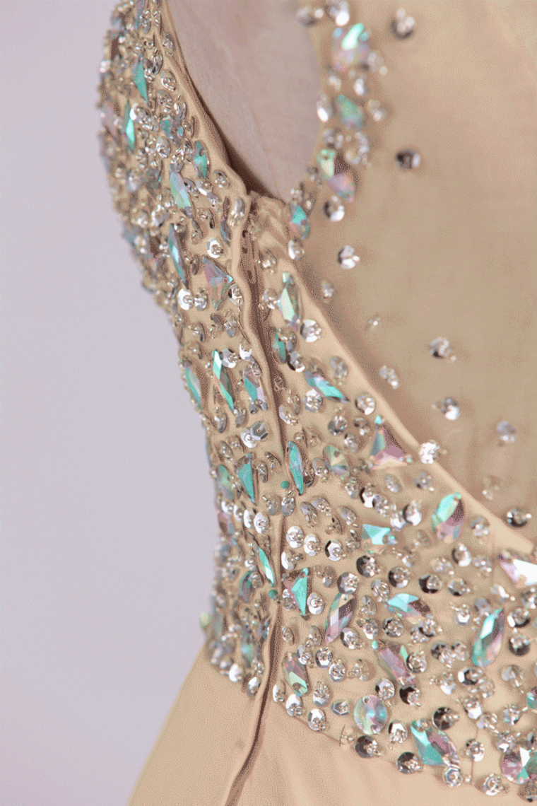 2022 Blusher Prom Dress Scoop Beaded Tulle Bodice Backless Chiffon With Sweep Train