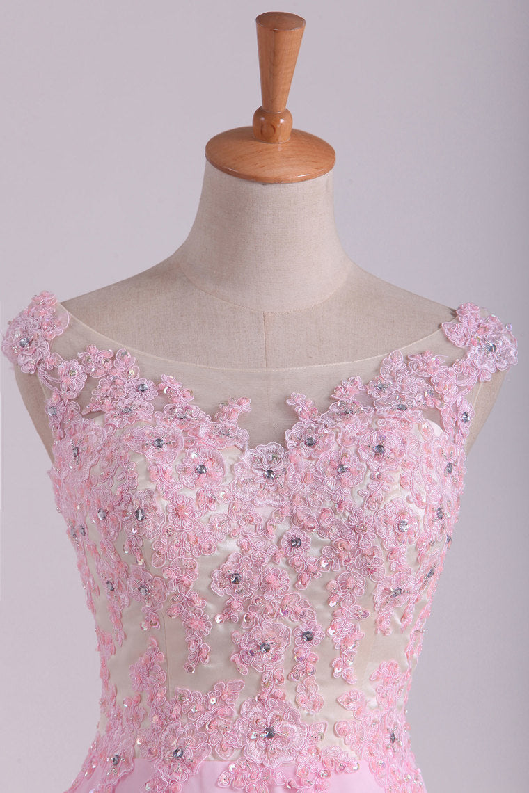 2022 Bateau A Line Short/Mini Prom Dress Chiffon With Applique & Beads