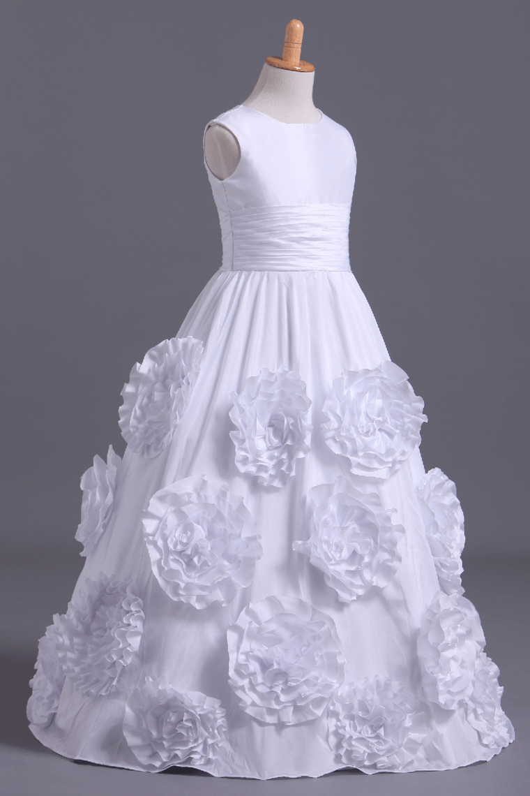 2022 Scoop Flower Girl Dresses Ball Gown Floor Length Taffeta