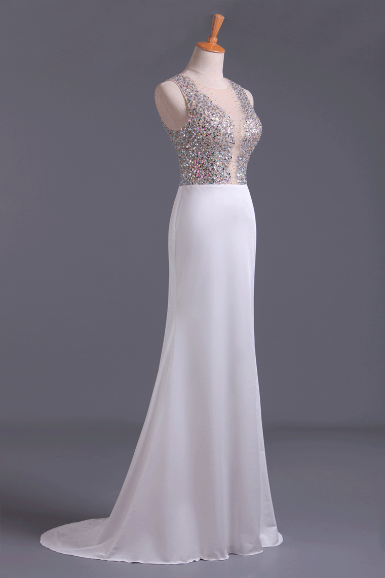 2022 Scoop Column Prom Dresses Beaded Bodice Spandex & Tulle Sweep Train New