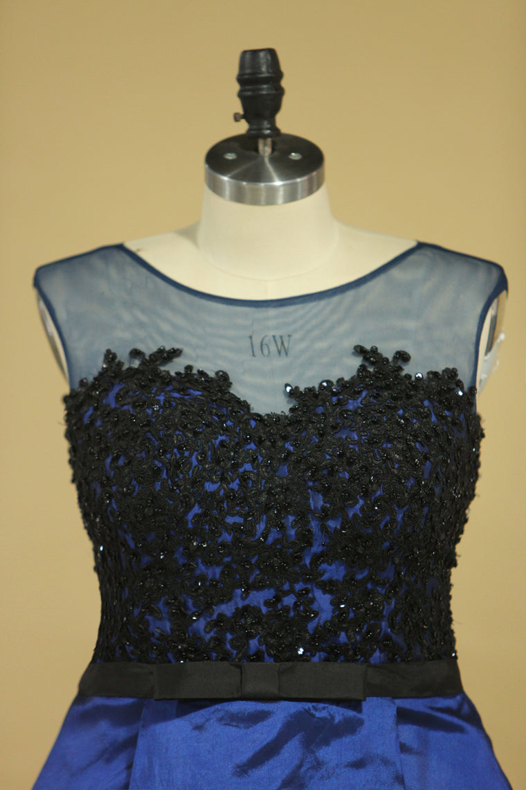 2022 Plus Size Asymmetrical Bateau Prom Dresses Taffeta With Applique And Sash Sweep Train Dark Royal Blue