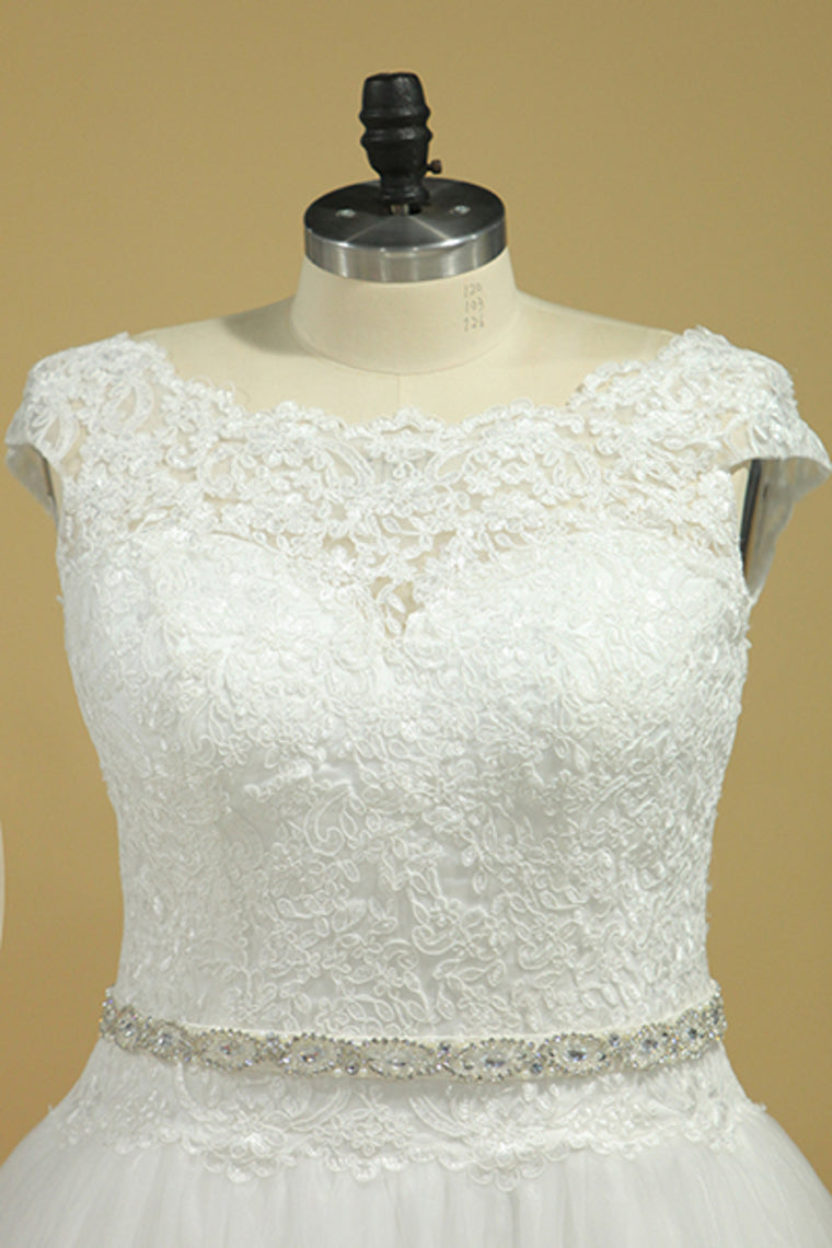 2022 Plus Size Wedding Dresses A-Line Bateau Court Train V-Back Tulle