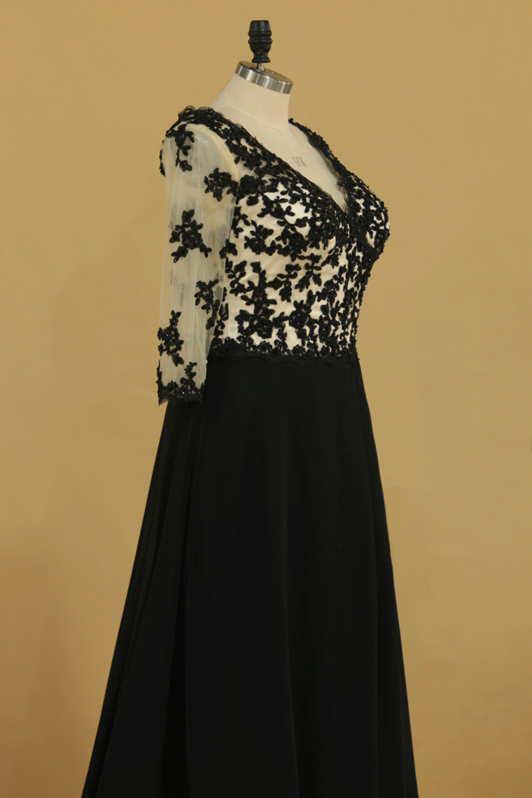 2022 Plus Size Black Mother Of The Bride Dresses V Neck A Line Chiffon With Applique