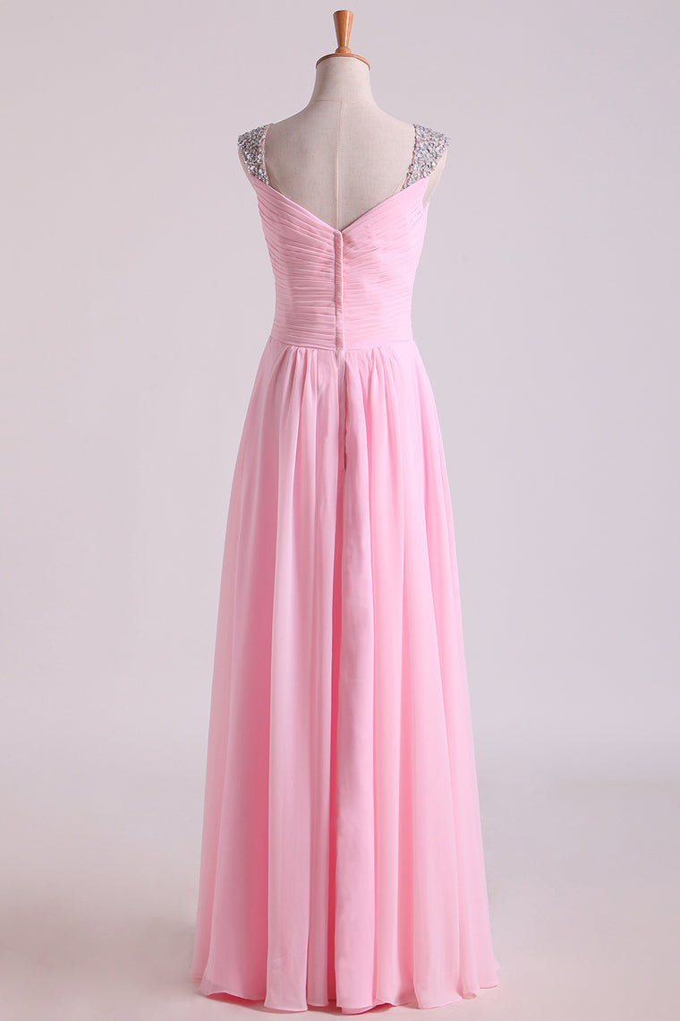 2022 Straps Prom Dresses Beaded Straps Chiffon Floor Length With Ruffles
