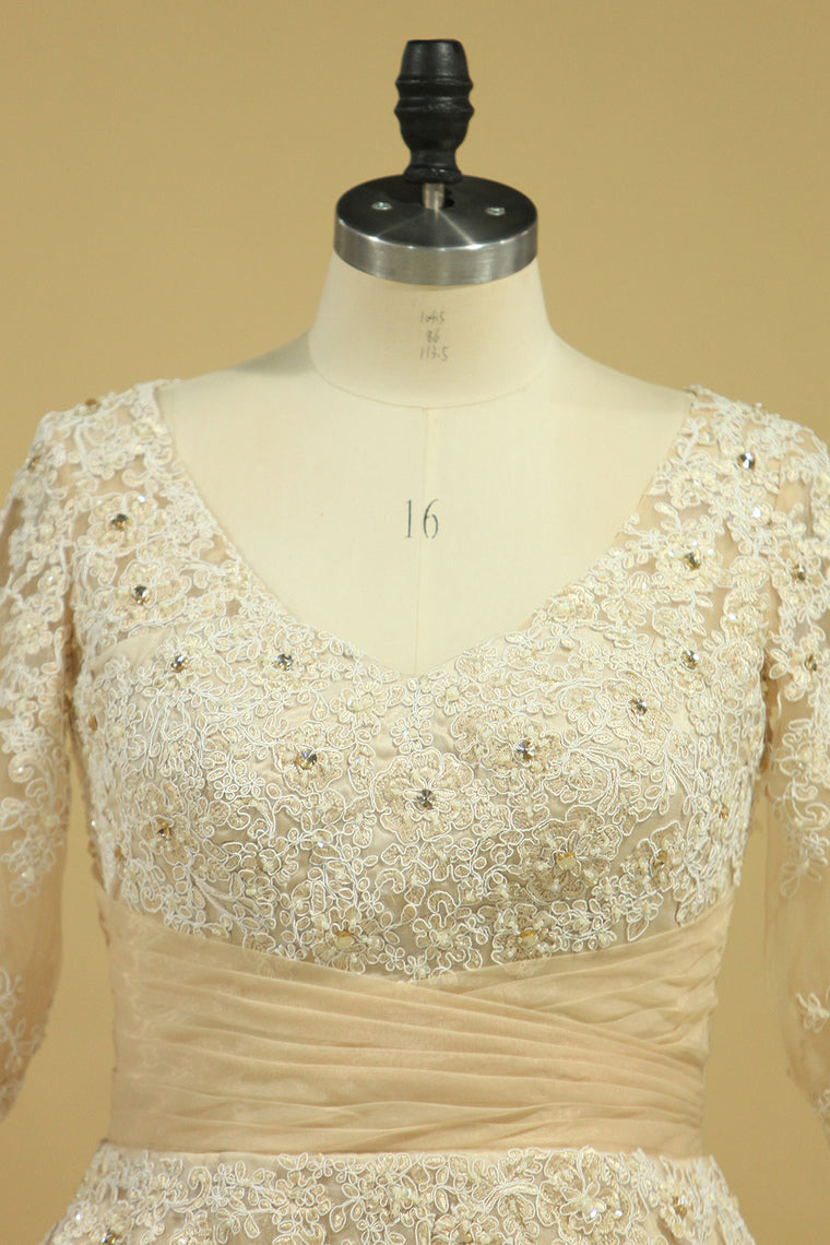 2022 Wedding Dresses A Line V Neck Half Sleeves Plus Size With Applique & Beads Organza