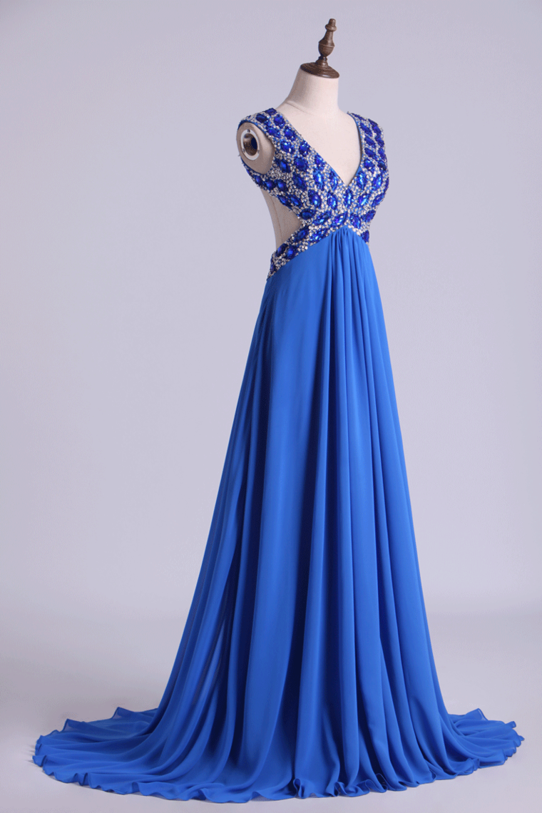 2022 V-Neck Prom Dresses A Line Chiffon With Beading