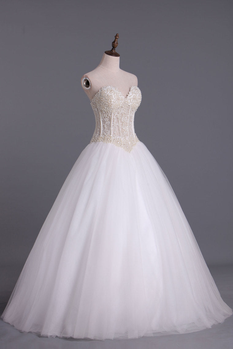 2022 Wedding Dresses A-Line Sweetheart See Through Tulle With Pearls Lace Up Floor Length