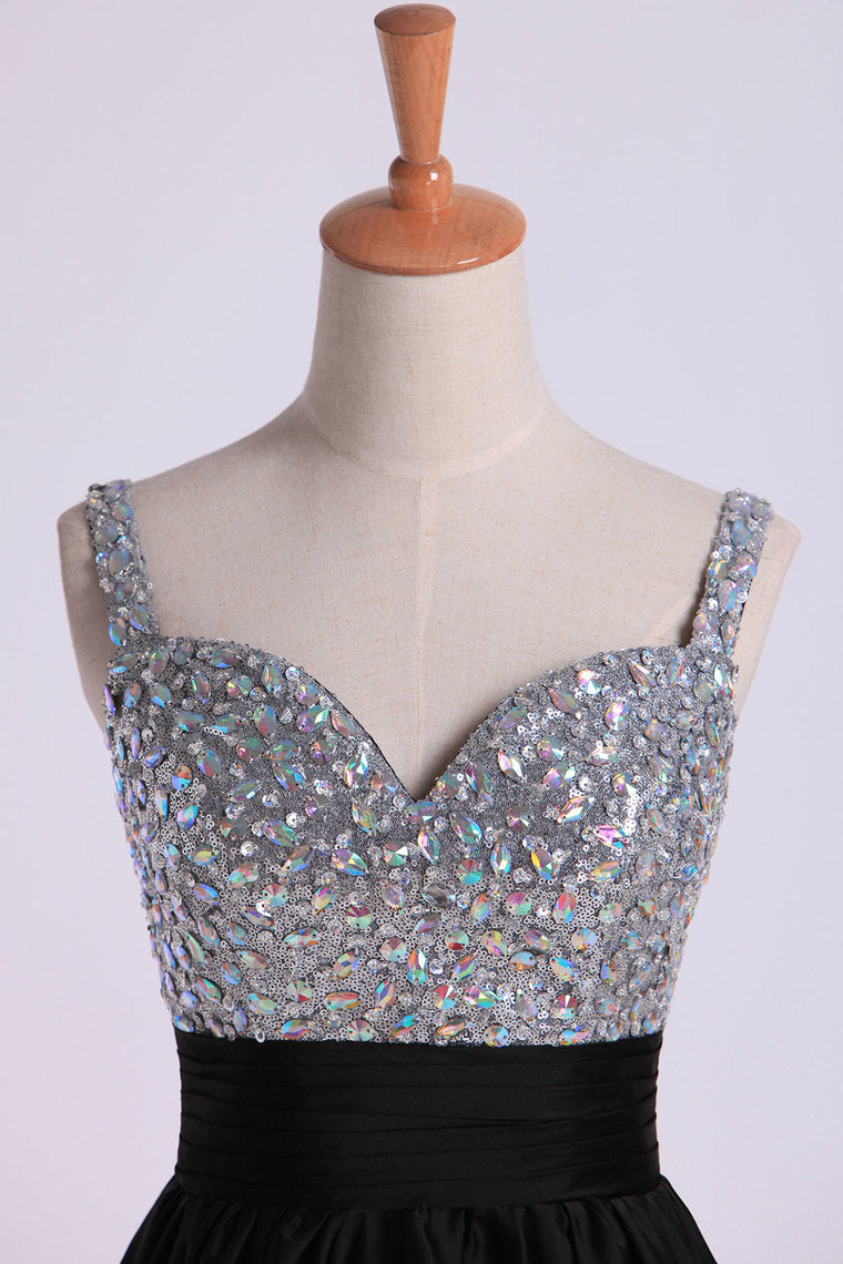 2022 Prom Dresses Straps A Line Short/Mini Beaded Bodice With Pleated Waistband Chiffon