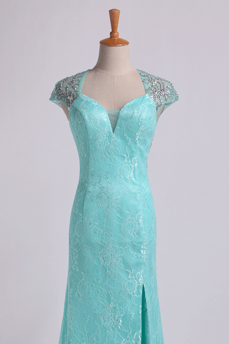 2022 Prom Dresses Lace Sheath/Column Beaded Tulle Back Floor-Length With Slit
