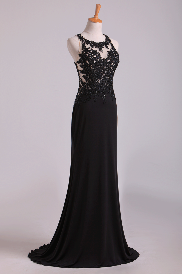 2022 Popular Black Scoop Sheath/Column Prom Dresses With Beading And Applique