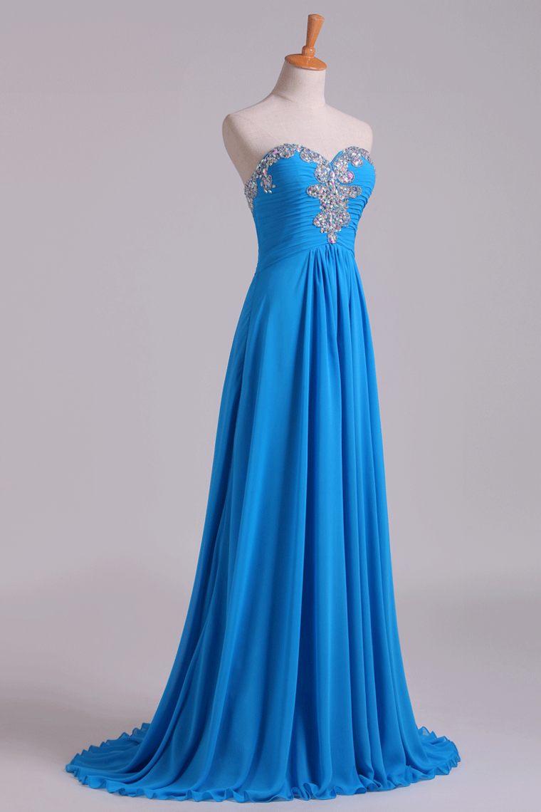 2022 Sweetheart Beaded Neckline Prom Dress A Line With Ruffles Chiffon