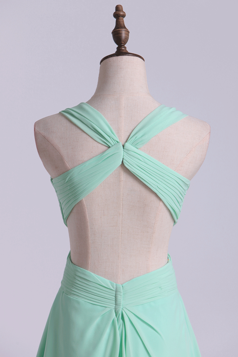 2022 Straps Sexy Backless Dress Pleated Bodice Short Chiffon