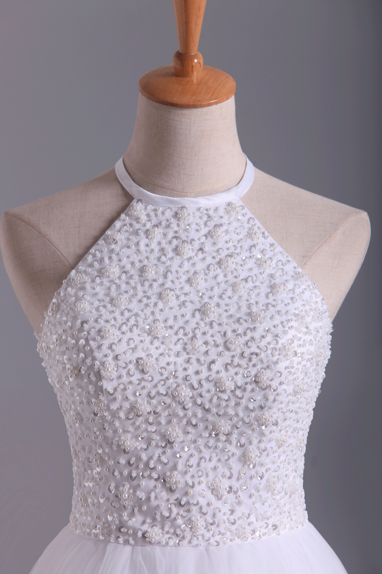 2022 White Halter Homecoming Dresses A-Line Tulle Short/Mini Beaded Bodice