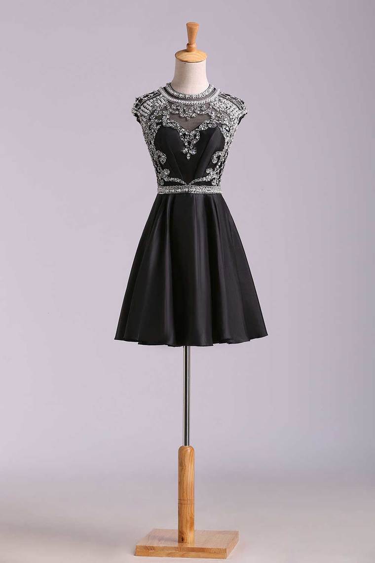 2022 Sexy Open Back High Neckline Short/Mini A Line Homecoming Dress Taffeta Beaded Bodice
