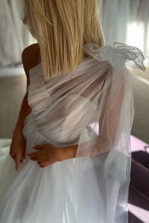 Glitter One Shoulder Bowknot Tulle Wedding Dress Bridal Gowns With Train