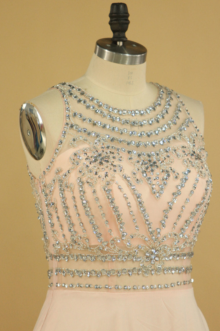 2022 Prom Dresses Scoop Beaded Bodice A Line Chiffon Floor Length