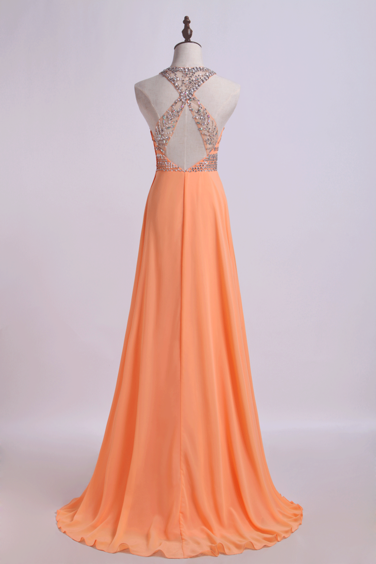 2022 Halter A-Line/Princess Prom Dresses Tulle&Chiffon Sweep Train