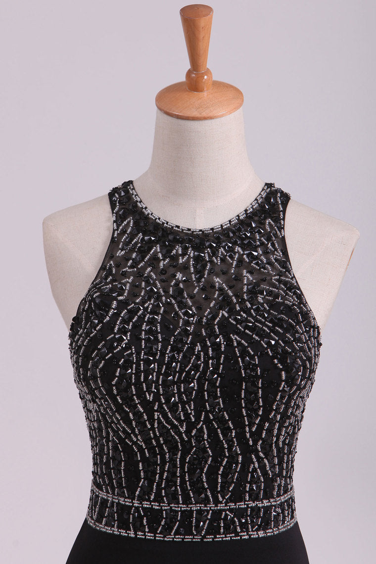 2022 Black Open Back Prom Dresses Scoop Spandex With Beading & Slit Sweep Train