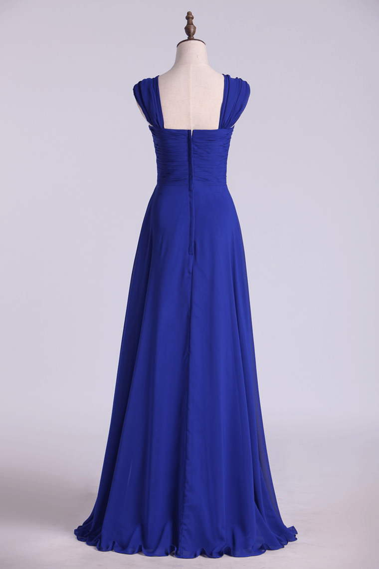 2022 Dark Royal Blue Prom Dresses A Line Straps Floor Length Chiffon Ruffled