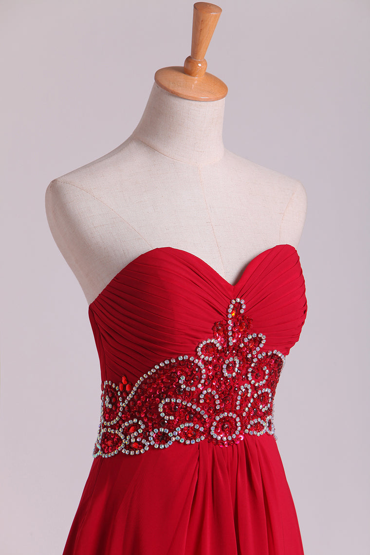 2022 Sweetheart A Line Prom Dresses With Beading Sweep Train Chiffon Burgundy/Maroon