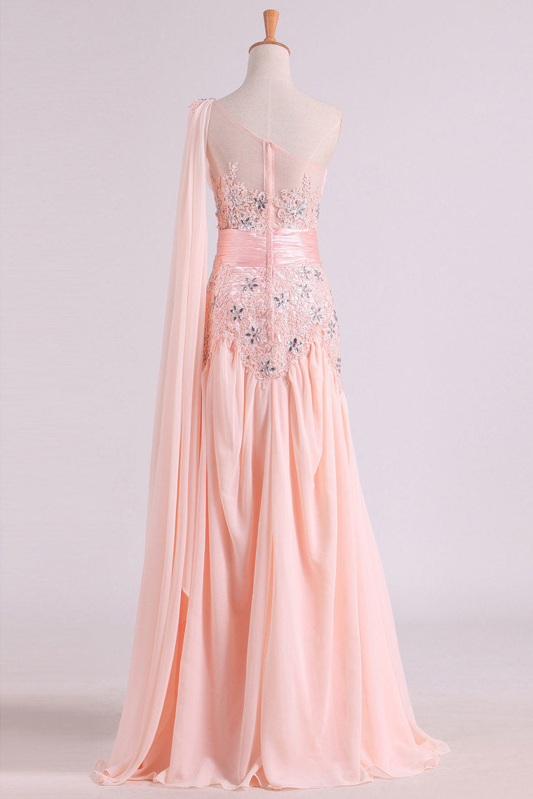 2022 One Shoulder A Line Prom Dresses With Applique & Ruffles Floor Length