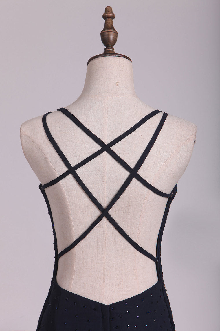 2022 Dark Navy Spaghetti Straps Sheath Chiffon With Beading Evening Dresses