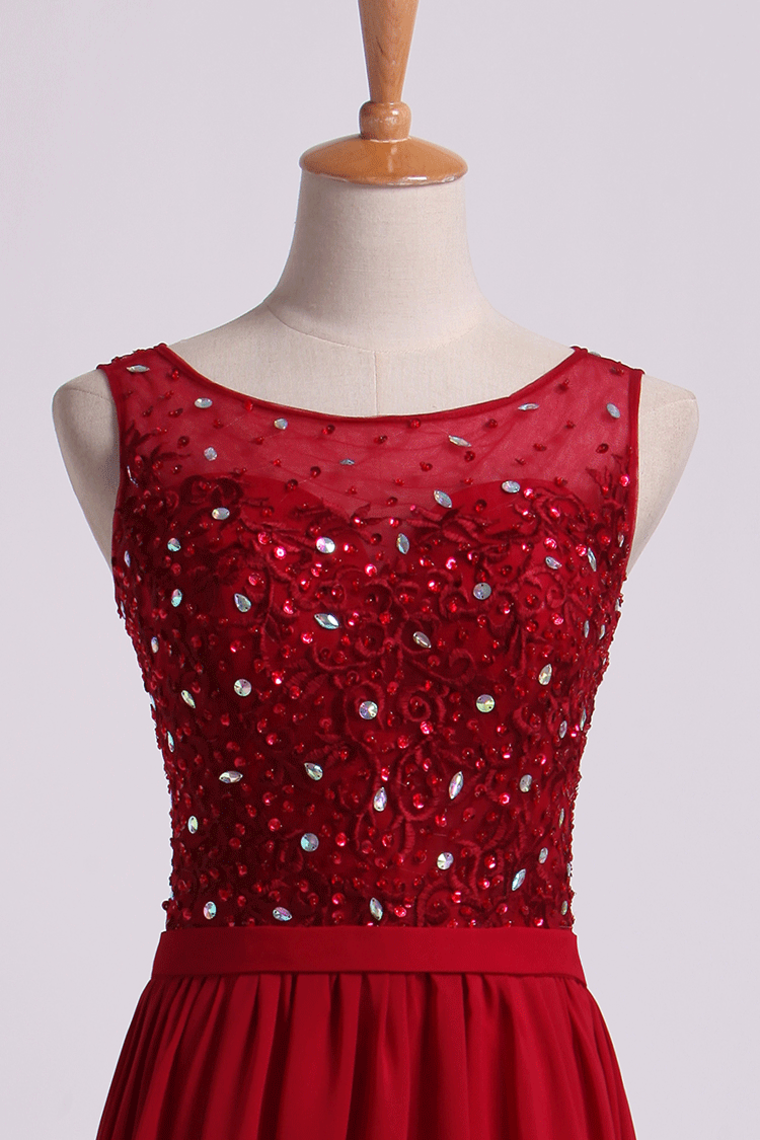 2022 Bateau Prom Dresses A Line Floor Length With Embroidery&Beads Chiffon&Tulle