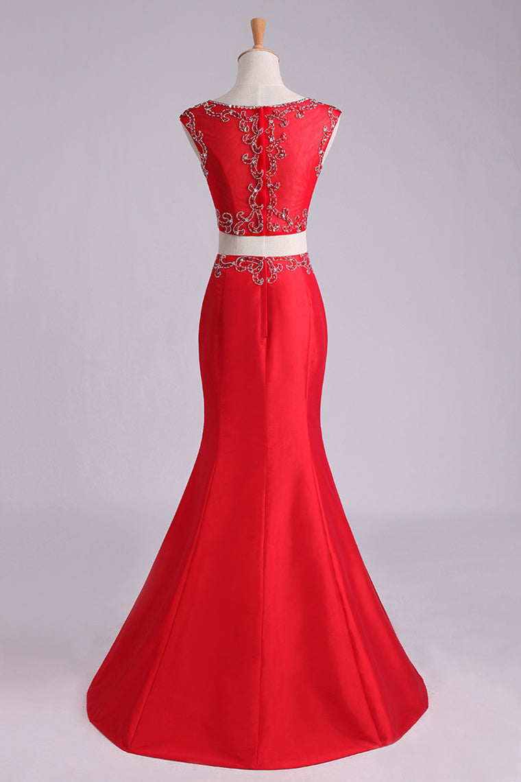 2022 Prom Dresses Two Pieces Bateau Mermaid/Trumpet Beaded Floor-Length Tulle And Taffeta