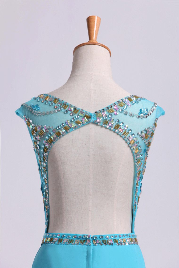 2022 Chiffon Bateau A-Line Beaded Bodice With A Keyhole Back