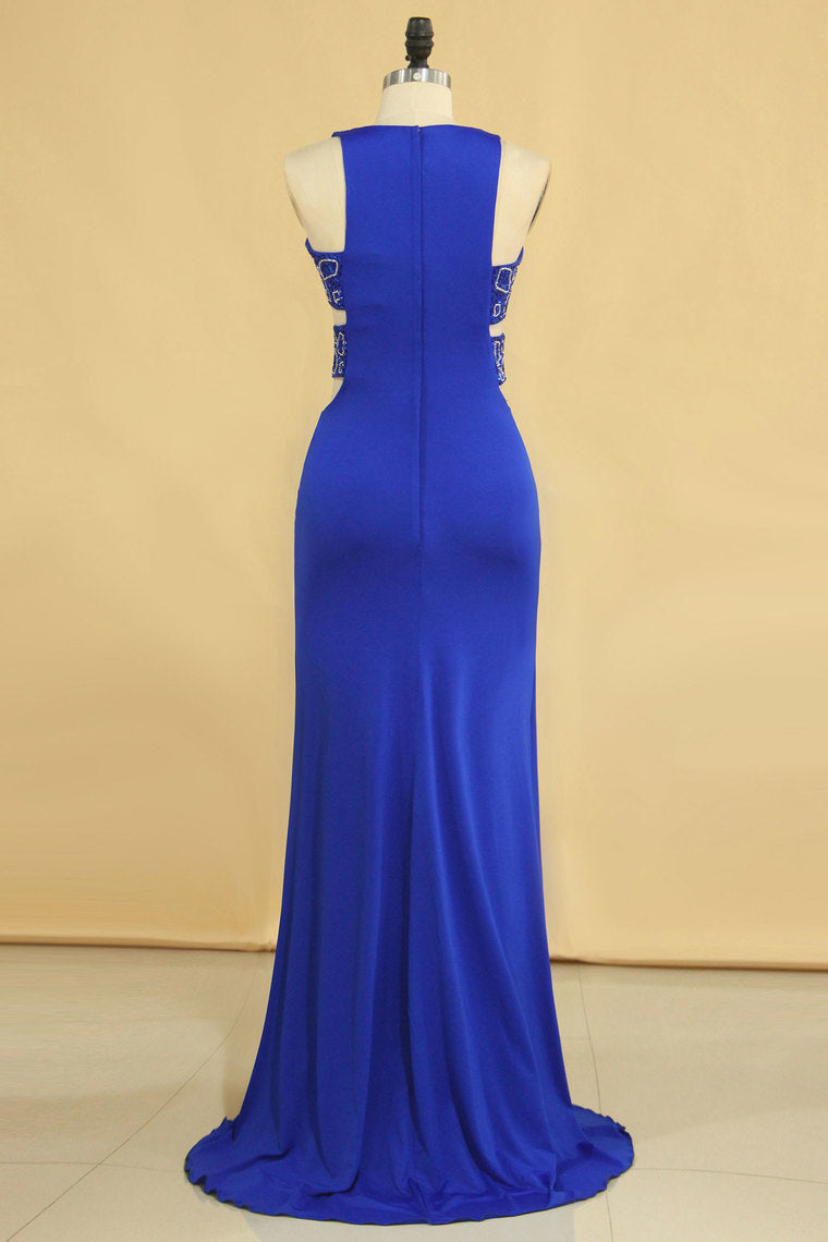 2022 Plus Size New Arrival Scoop Prom Dresses Dark Royal Blue Mermaid Spandex With Beading Sweep Train