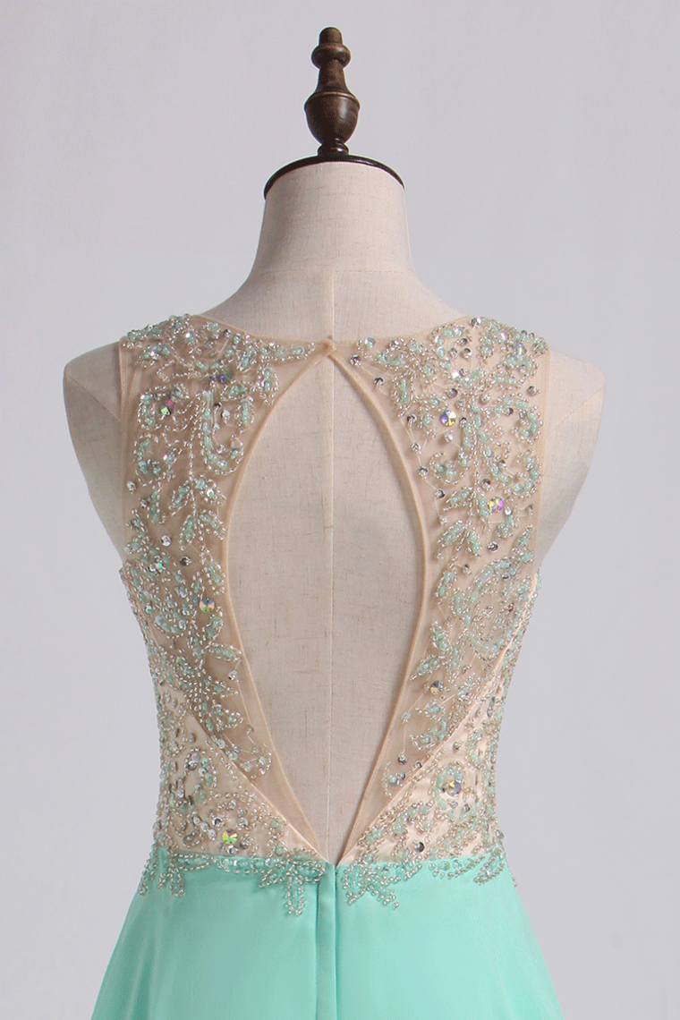 2022 Prom Dresses A Line Scoop Sweep Train Chiffon