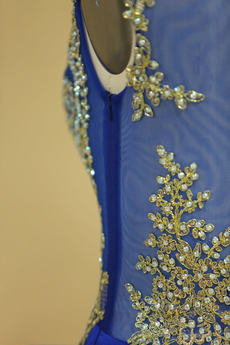 2022 Dark Royal Blue Prom Dresses Scoop Mermaid With Applique Spandex Sweep Train Size 18W