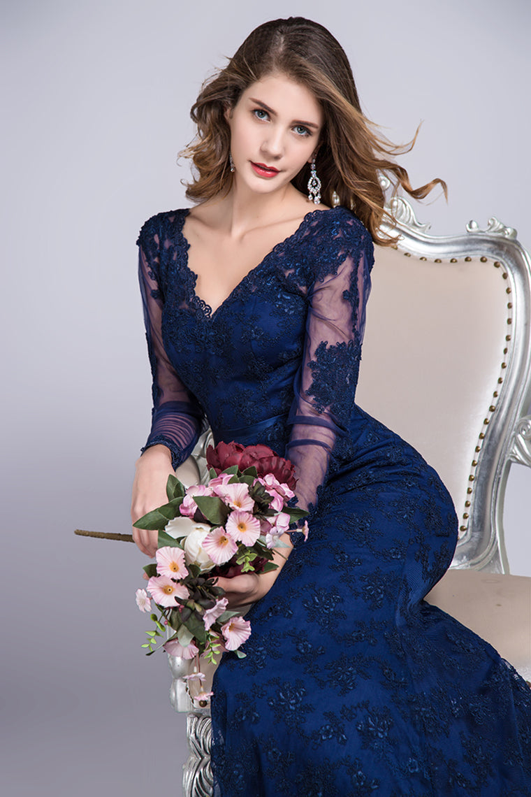 2022 V-Neck Evening Dresses Mermaid With Applique Lace And Tulle