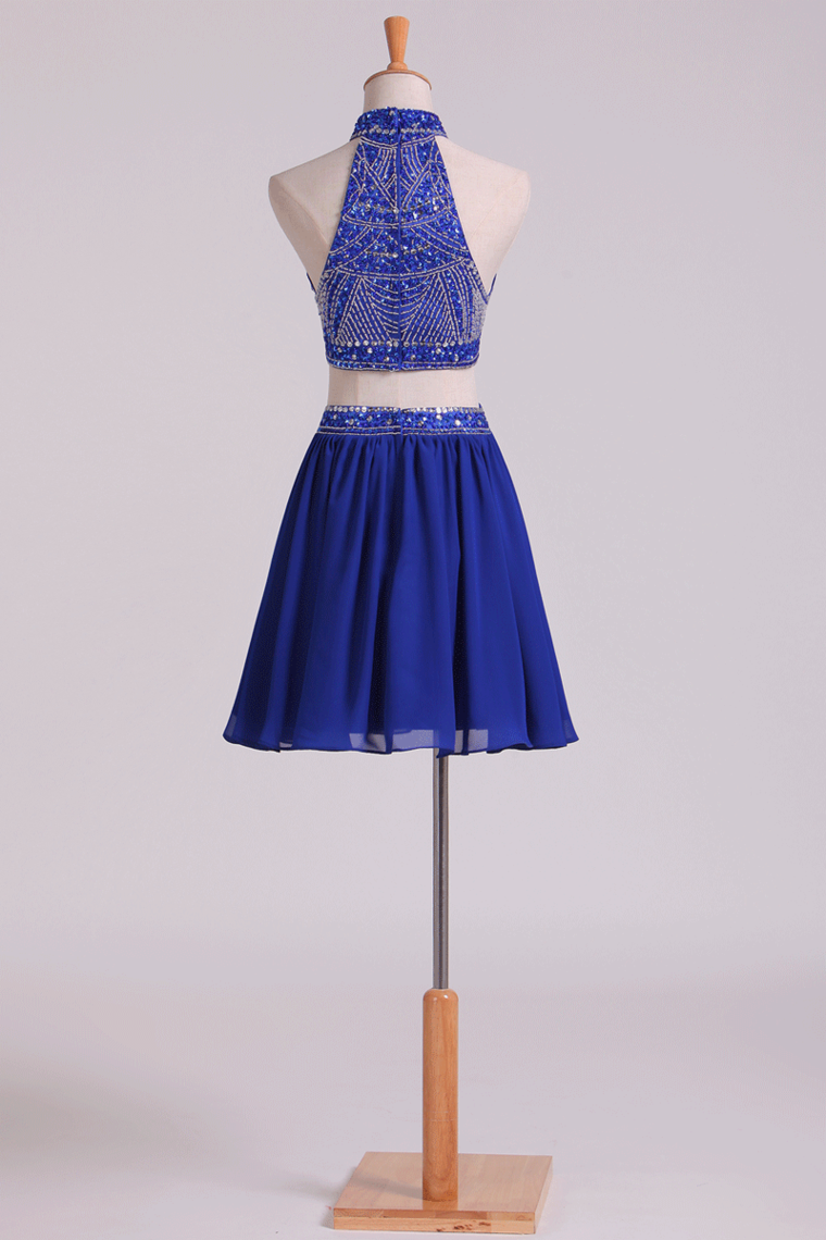 2022 Two Pieces High Neck A Line Prom Dresses Chiffon With Beading Mini Dark Royal Blue