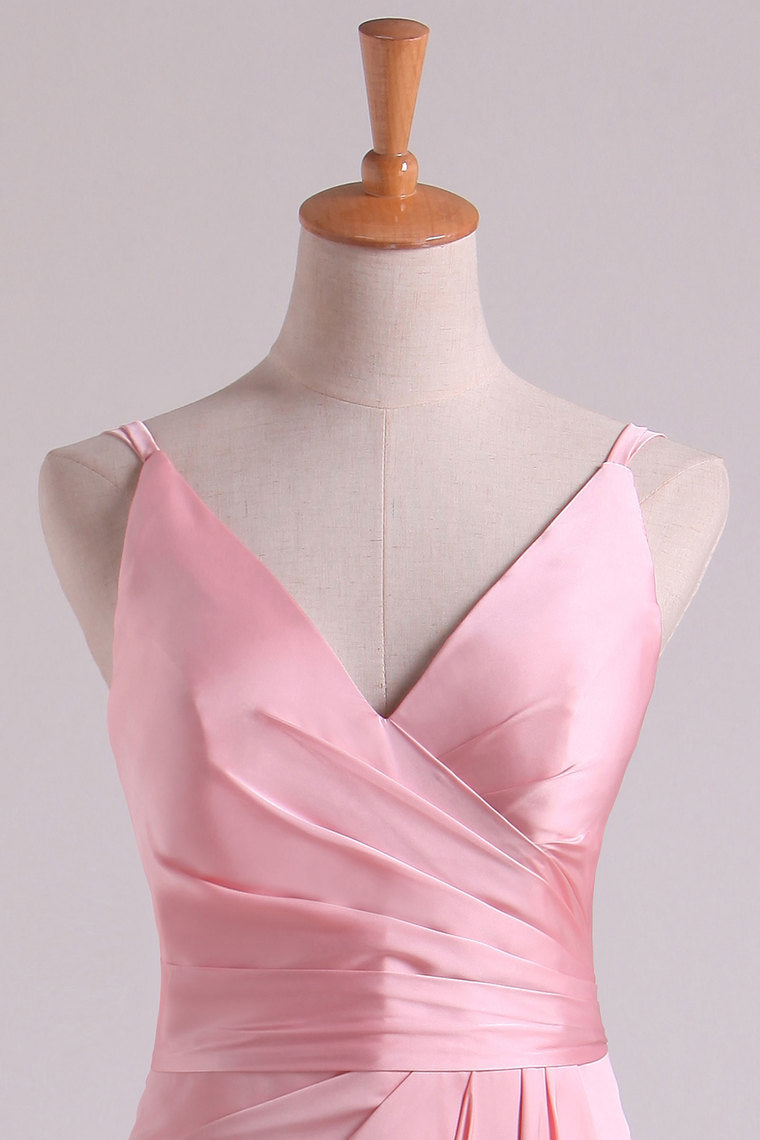 2022 Bridesmaid Dresses V Neck A Line Chiffon With Slit And Ruffles