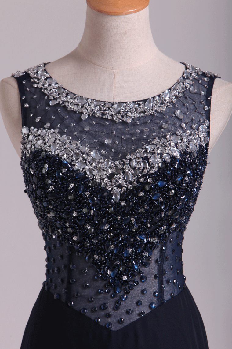 2022 Scoop Open Back Beaded Bodice Floor Length Chiffon Prom Dresses Black