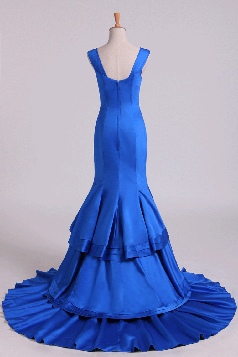 2022 Dark Royal Blue Off-The-Shoulder Mermaid Prom Dresses Sweep Train Satin Zipper Back