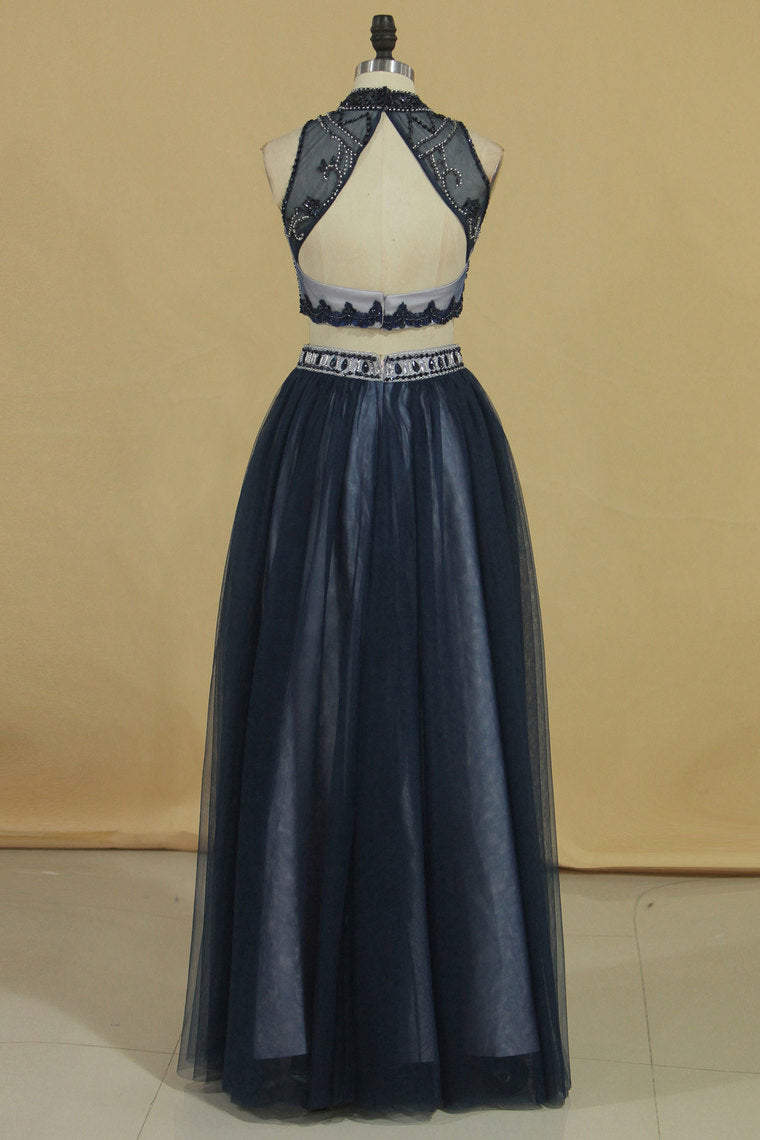2022 Prom Dresses High Neck Two Pieces Tulle A Line With Beads Floor Length