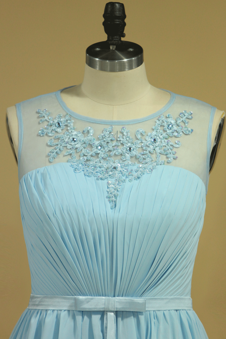 2022 Plus Size Scoop A Line Evening Dresses Chiffon With Ruffles And Sash