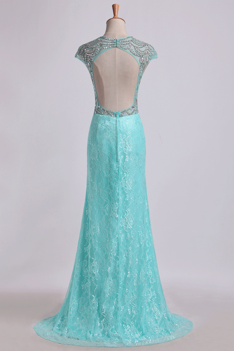 2022 Prom Dresses Lace Sheath/Column Beaded Tulle Back Floor-Length With Slit
