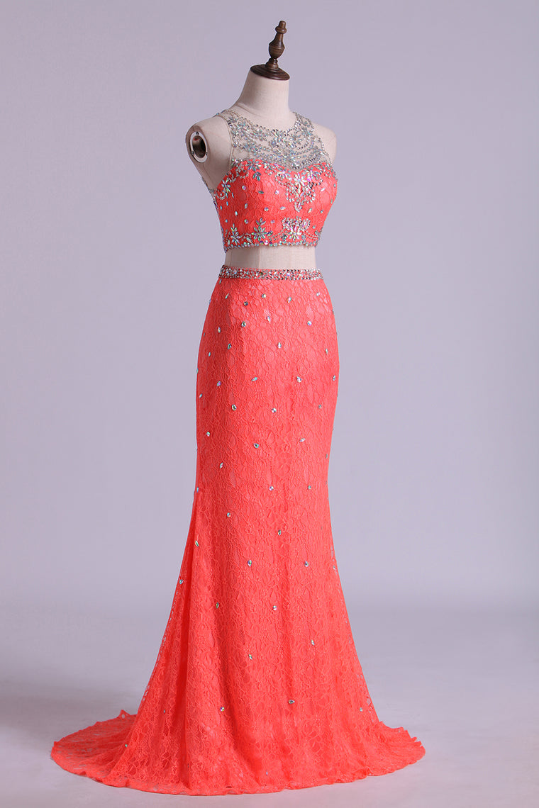 2022 Mermaid/Trumpet Prom Dresses Two Pieces Scoop Lace With Beading
