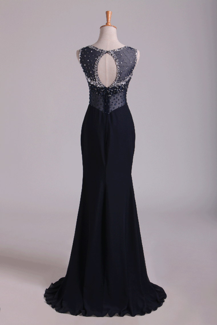 2022 Scoop Open Back Beaded Bodice Floor Length Chiffon Prom Dresses Black