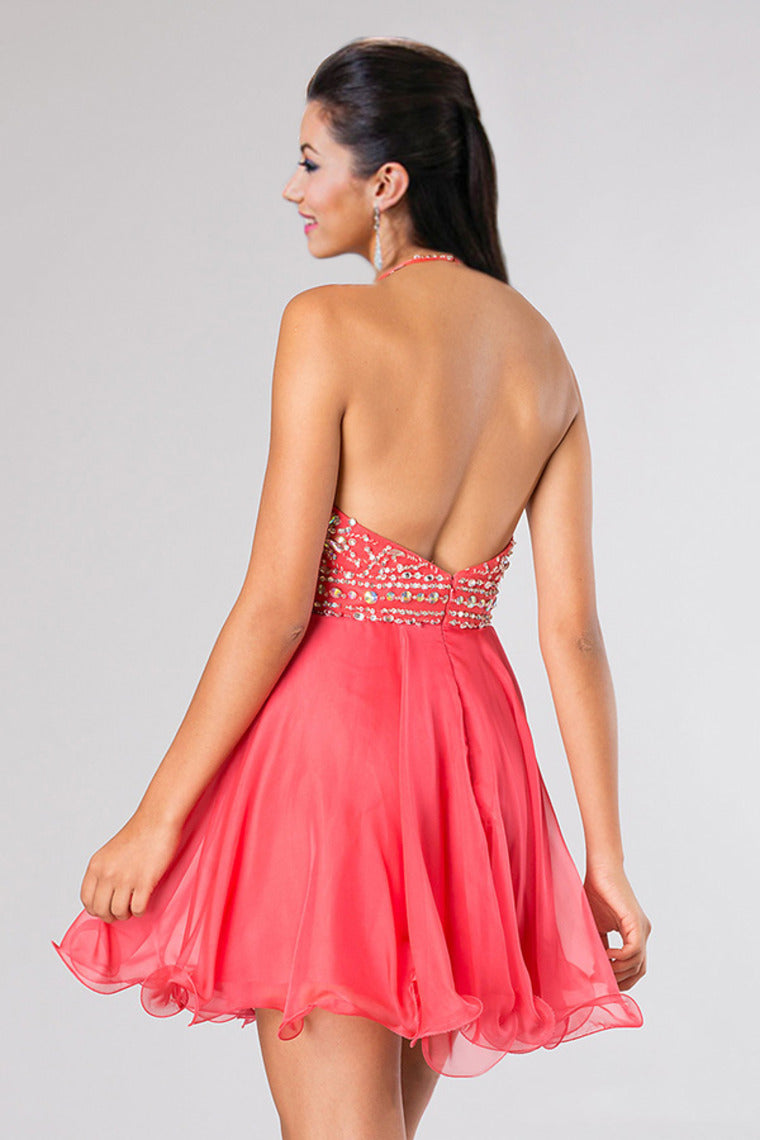 2022 Halter A Line Sexy And Cute Homecoming Dress Short/Mini Chiffon&Tulle Beaded